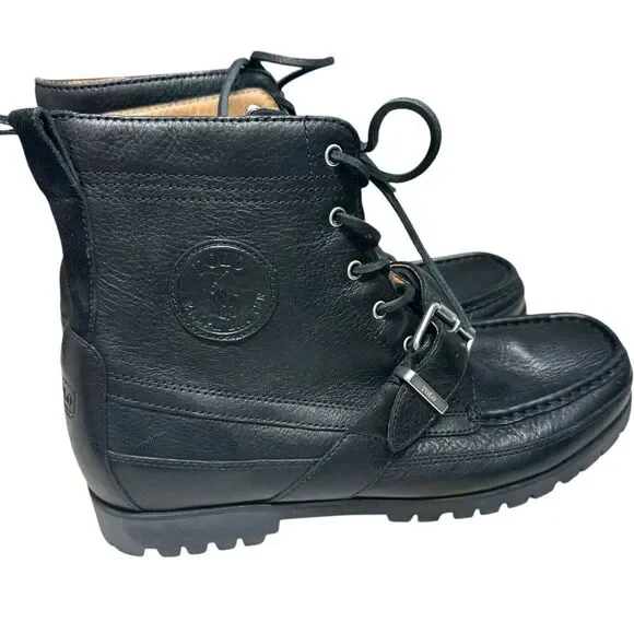 Polo Ralph Lauren Ranger Tumbled Black Leather Boot Mens Size 10 Lace Up Buckle